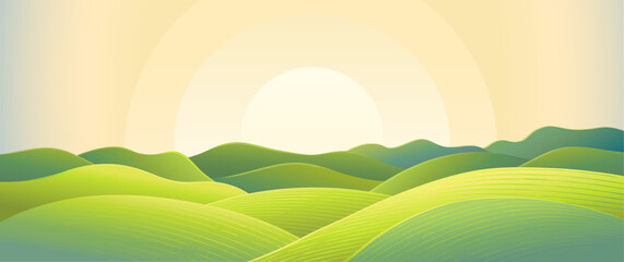 Hilly landscape, with green hills and mountains, sunrise sun above the horizon. Vector illustration.