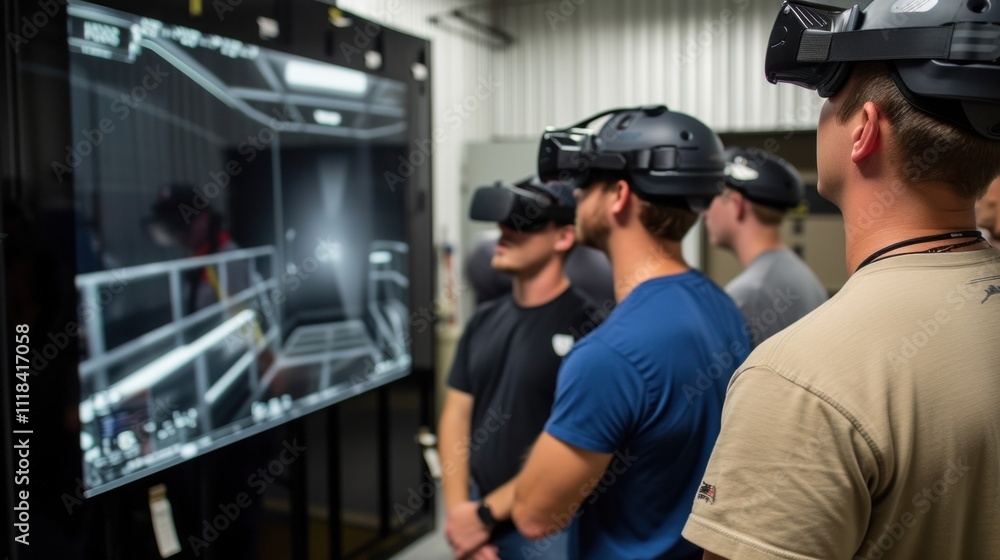 Poster a group of sailors gathers around a newly installed virtual reality simulation of a grain hold impro