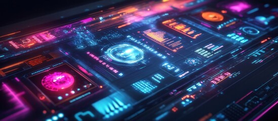 Futuristic digital interface with glowing neon displays showing data streams and network connections.