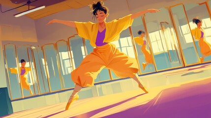 A dancer in vibrant attire performs in a studio with mirrors, showcasing movement and grace.