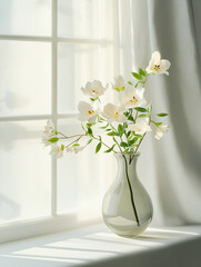 White minimalist vase with delicate fresh flowers on windowsill in bright sunlight