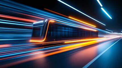 Futuristic high-speed train in motion, showcasing vibrant neon lights and blurred background for dynamic effect.