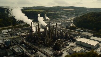Obraz premium Aerial view of an industrial refinery complex emitting smoke against a backdrop of lush green hills.