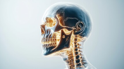Human Skull and Spine Anatomy in 3D with Neon Highlights Display