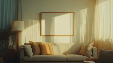 Fototapeta premium Sunlit Living Room Sofa With Blank Framed Artwork