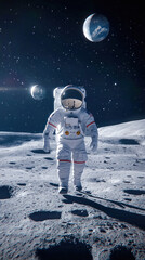 Astronaut walking on moon with two planets visible