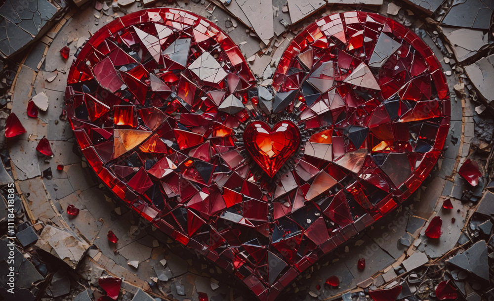 Poster a heart made of broken glass with a red stone in the center. the heart is broken and scattered, but 