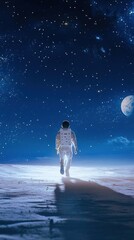 Obraz premium Astronaut walks toward distant Earth in starlit sky