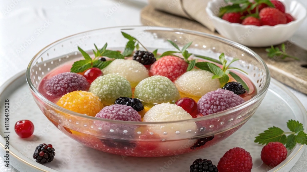 Poster an artistic display with a clear glass bowl filled with sweet soup showcasing an array of colorful s