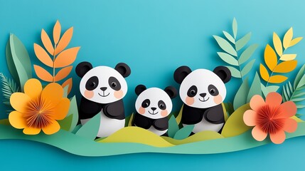 Illustration of cute pandas in a colorful paper-cut style with vibrant flowers on a blue background.