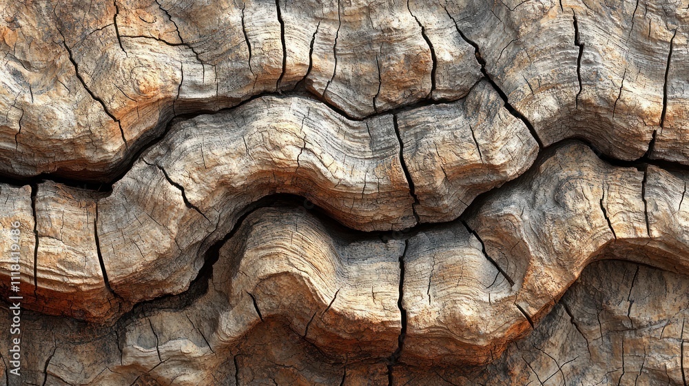 Poster close-up of cracked and weathered wood texture with undulating patterns and deep fissures.