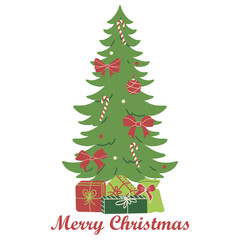 Merry Christmas simple card on white background with hand written text. Christmas tree flat design with christmas gifts.