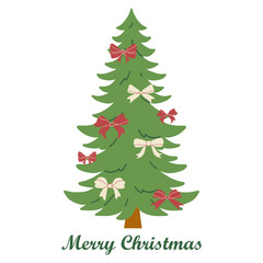 Merry Christmas simple card on white background with hand written text. Christmas tree flat design with christmas bows.
