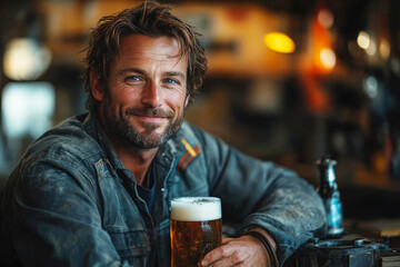 In a cozy pub, a rugged man relaxes with a cold beer, reflecting on the hard work of the day