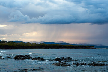 Mediterranean coast with pine forest and mountain range at background on cloudy day. Sardinia, Italy.