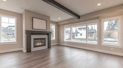 Modern Living Room with Fireplace and Large Windows