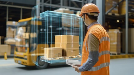 Worker in an industrial setting using augmented reality for logistics.