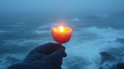A glowing flower candle against a misty ocean backdrop