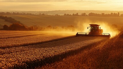 Fototapeta premium Dawn Harvest: Combine Harvester in Golden Sunflower Field for Agricultural Poster