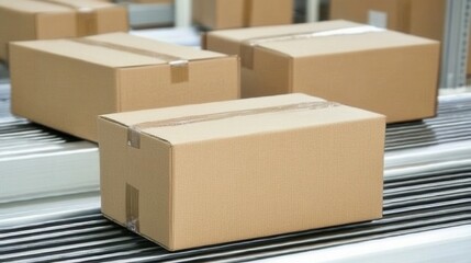 Cardboard Boxes on a Conveyor Belt in a Distribution Center