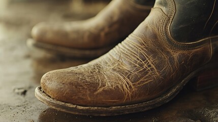 Worn Leather Cowboy Boots Resting on Ground