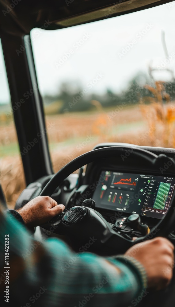 Poster farmer's hand on harvester control lever with digital dashboard display for yield and soil metrics