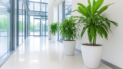 Fototapeta premium Modern Office Corridor with Green Plants and Bright Natural Light