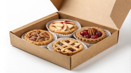 Four delicious mini pies with pecan, peach, cranberry and apple filling are presented in an open cardboard box, ready to be enjoyed