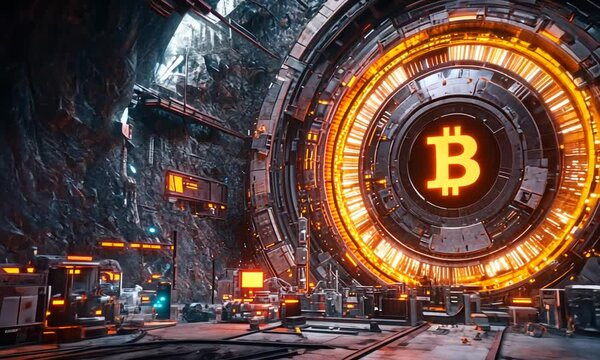 Futuristic Underground Bitcoin Mining Facility with Bright Orange Lighting in a Cave-Like Environment