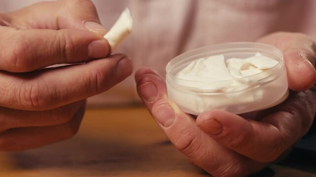 Snus nicotine tobacco close up, pack of tobacco for gum. unhealthy addiction. Man opening box with snus and taking one. 
