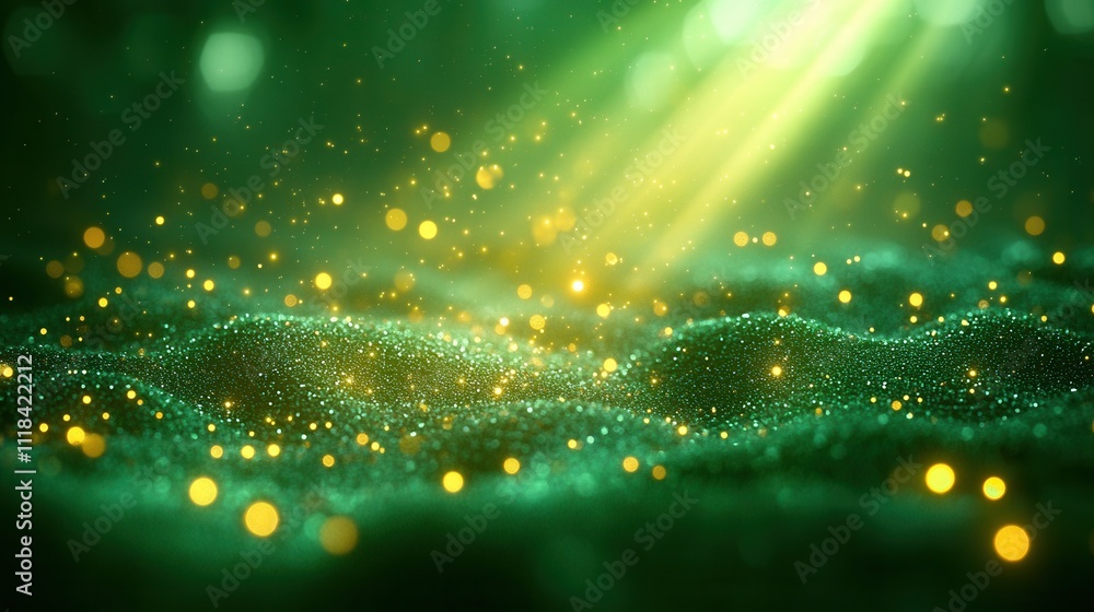 Poster sparkling green background with shimmering light and bokeh effect