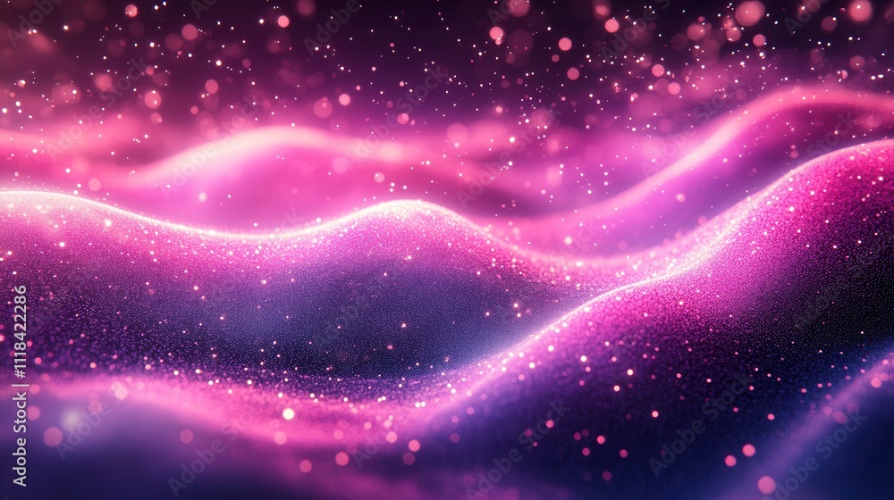 Poster abstract pink wave pattern with glowing particles in dark background