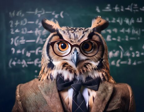 Owl in Suit Jacket with Eyeglasses in Front of Chalkboard with Mathematical Equations - Powered by Adobe