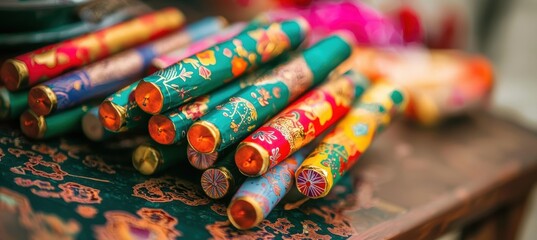 Colorful Firecrackers Ready for Lunar New Year Celebration on Decorated Table