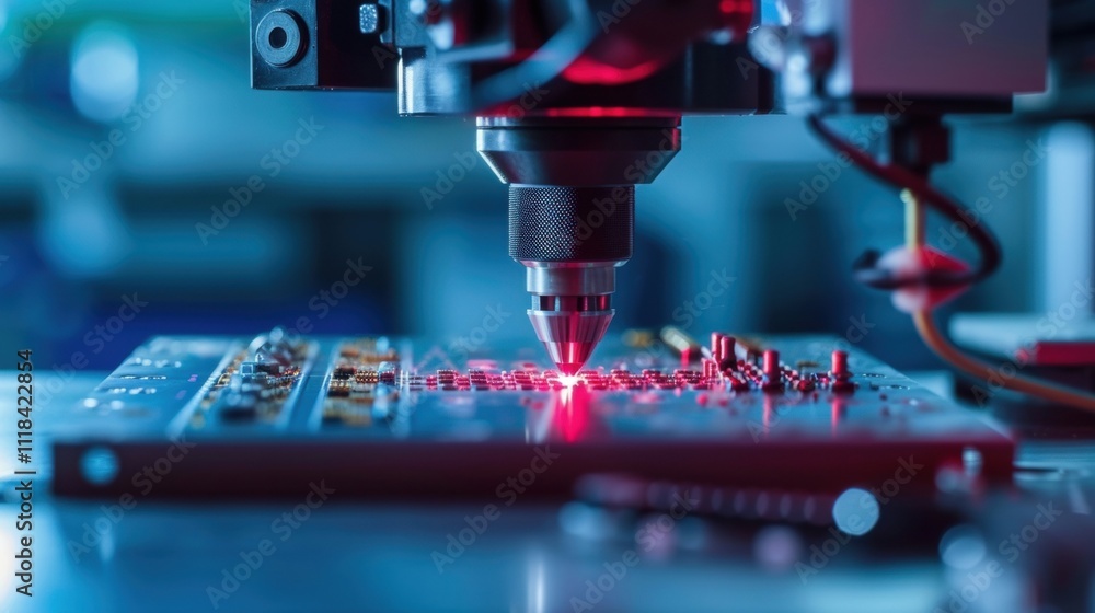 Poster automated laser machine working on an electronic circuit board soldering components with high precis