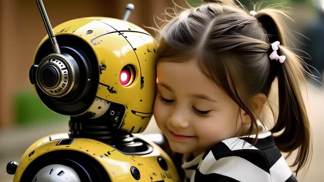 Little girl hugging a robot