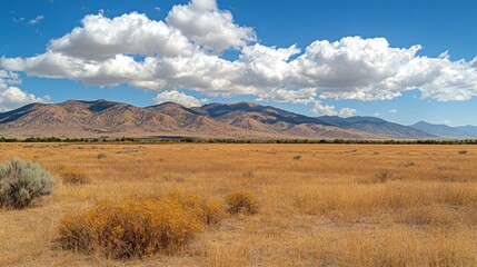 Golden Grasslands Under a Blue Sky and Mountain Range