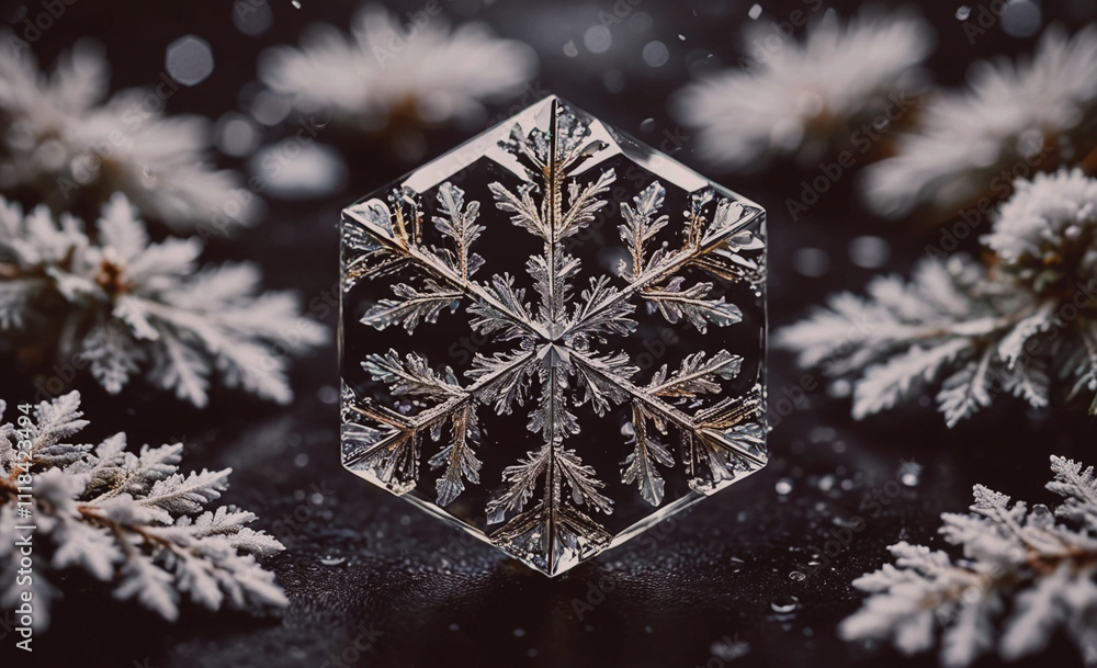 Poster a snowflake is the main focus of the image, surrounded by branches and leaves. the snowflake is made