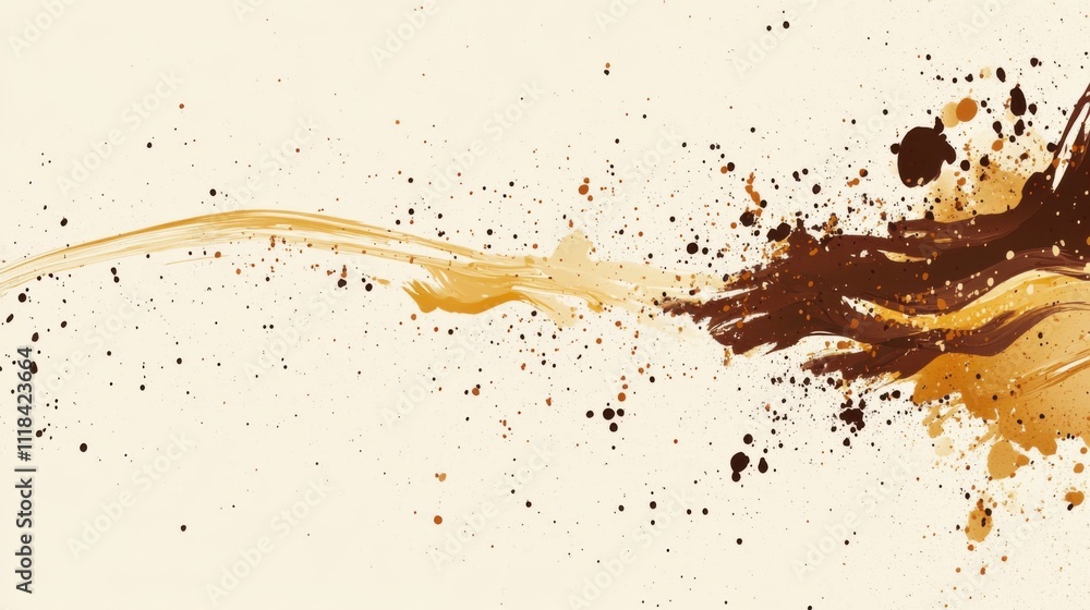 Poster swirls and splashes of deep brown and gold elegantly flow across a light background, showcasing a dy