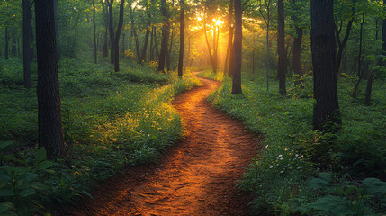 Fototapeta premium A picturesque winding trail in a vibrant forest, perfect for promoting outdoor activities, travel, nature retreats, and wellness events.