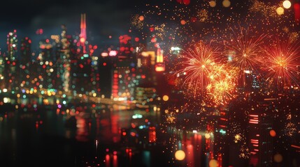Spectacular Lunar New Year Fireworks Lighting Up the Skyline in Vibrant Red and Gold