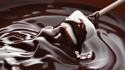 A close-up of a marshmallow dipped in rich, melted chocolate.