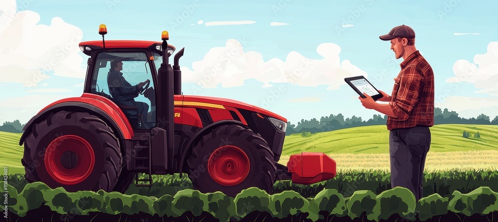 Poster farmer using technology for crop health monitoring in a lush green field setting