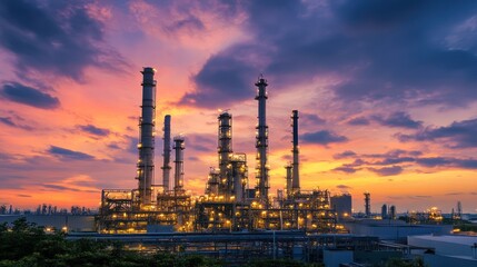 Fototapeta premium Industrial complex illuminated at sunset against a colorful sky.
