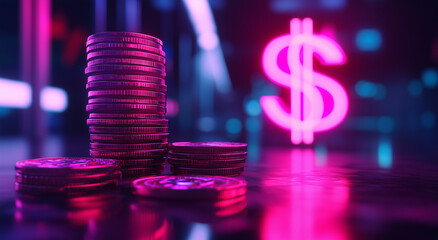 Stacked coins on the floor with a glowing neon pink dollar sign in the style of cyberpunk and a blurred background