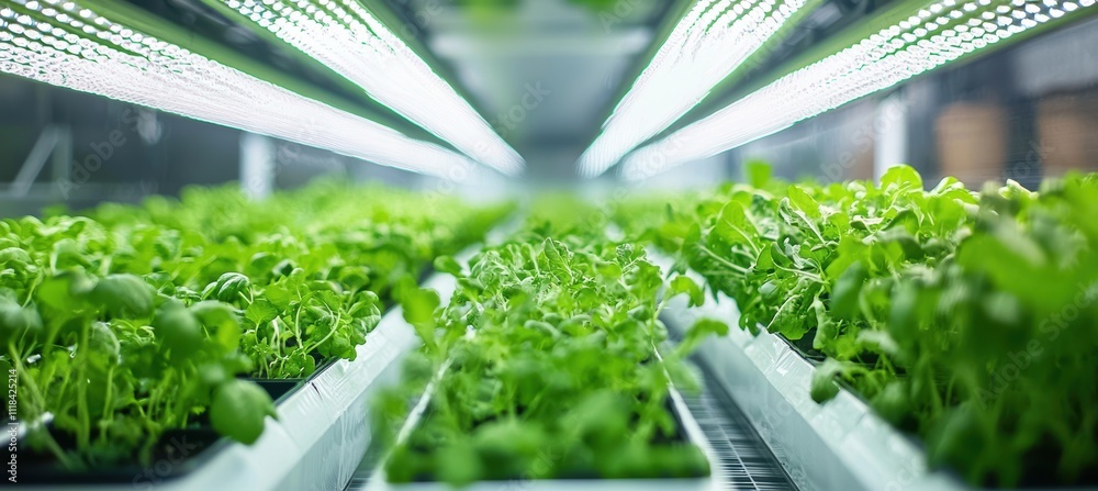 Poster vertical farming innovation with led lighting and robotic monitoring in a controlled greenhouse