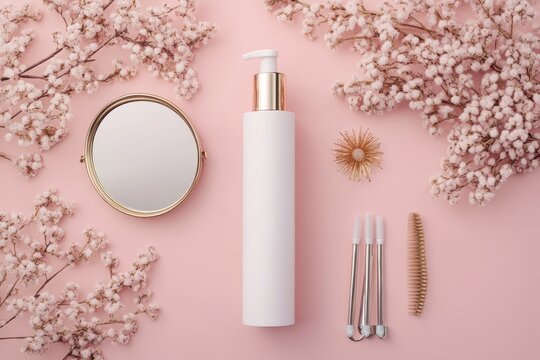 Flat lay of skincare products lotion bottle, mirror, lash applicators, and flowers on pink background.