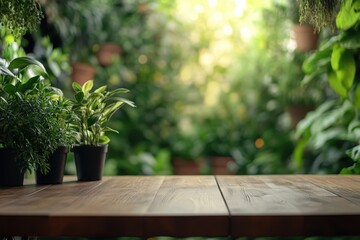 A serene indoor garden scene with potted plants and a wooden table.