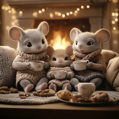 Cartoon-style, a family of mice wearing tiny clothes, sitting together on a couch in their cozy living room, a warm fireplace in the background, soft and inviting atmosphere