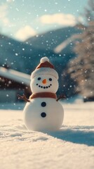 Obraz premium A cheerful snowman stands in snowy winter landscape